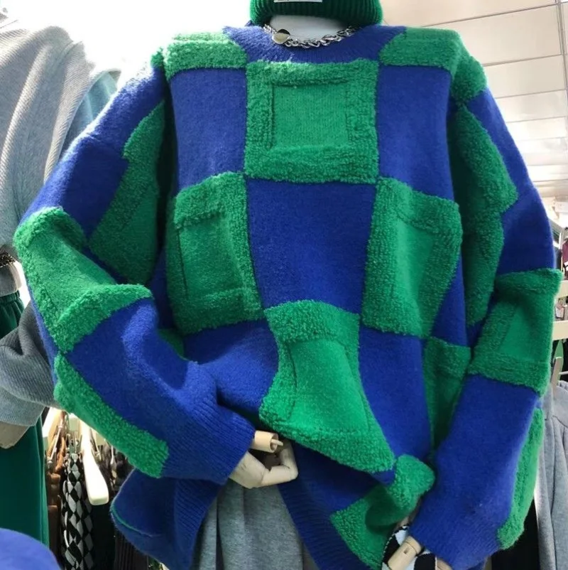 European Station 2023 Autumn/Winter New Contrast Knitted 3D Flocking Large Plaid Simple Lazy Sweater for Women