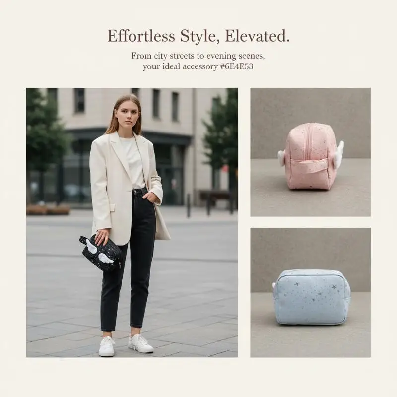 Mini Size Makeup Bag For Women Star Pattern Wings Patchwork Travel Cosmetic Organizer Multi-Purpose Space Saving Lipstick Pouch