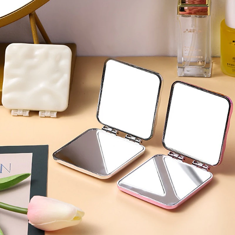 Foldable Plating Makeup Mirror Mini Square Makeup Vanity Mirror Portable Hand Mirrors Double-Sided Compact Mirror Pocket Mirror