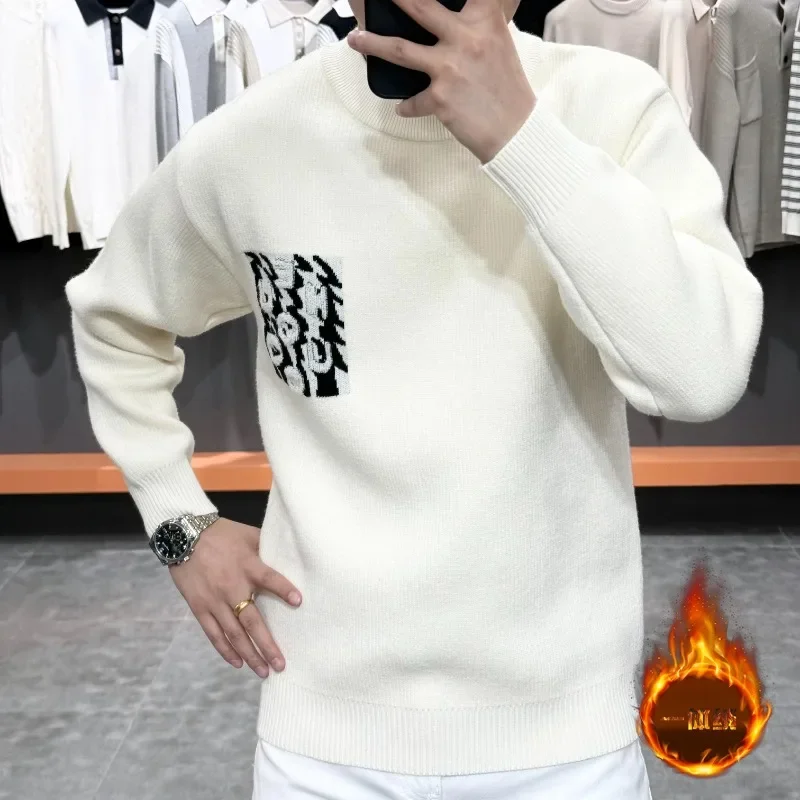 Fashion Versatile One-piece Velvet Men's Sweater Winter Thickened Warm Knitted Jacquard Pullover Top Round Neck Knitting Sweater