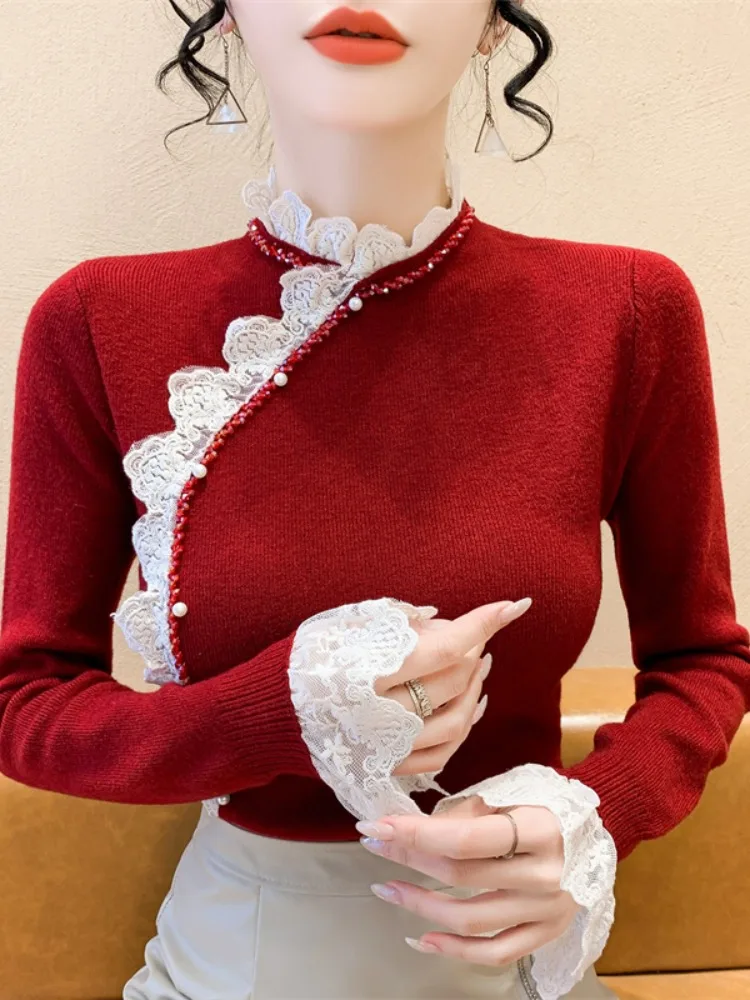 เสื้อสเวตเตอร์ถักคอสูงแต่งลูกไม้สำหรับผู้หญิง แขนยาว ทรงเข้ารูป สไตล์ลำลอง สำหรับฤดูใบไม้ผลิและฤดูใบไม้ร่วง รุ่นใหม่