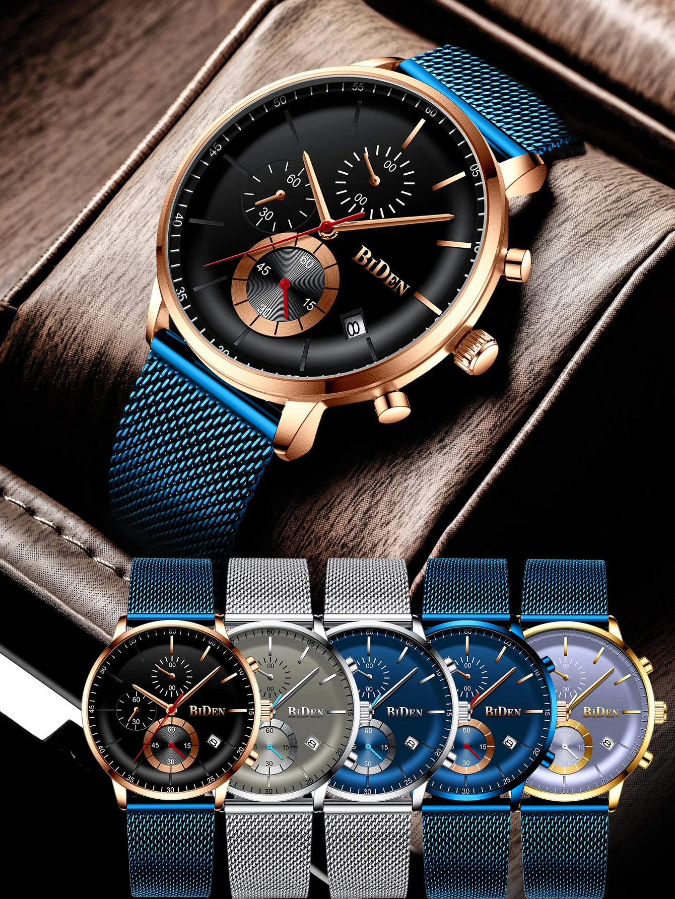 

BIDEN Fashion Watch Leisure Clock Montre Homme Business Men's Quartz Watch Calendar Waterproof Six Pin Multifunctional Clock