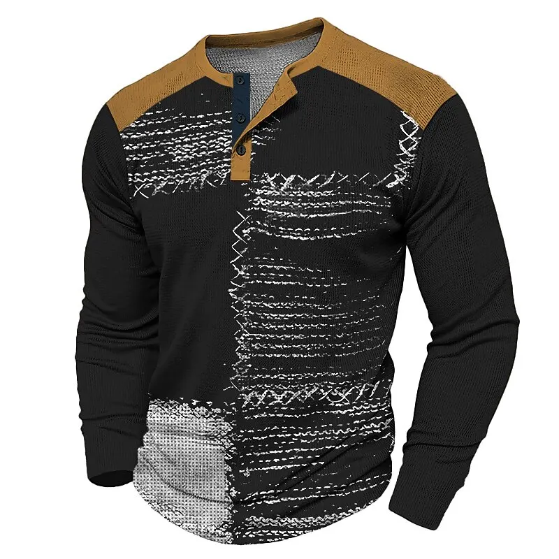 Men's Simple Stripe Patchwork Henley T-Shirt 3D Print Vintage Color Long Sleeve Clothes Loose Casual Classic Design Pullover Top