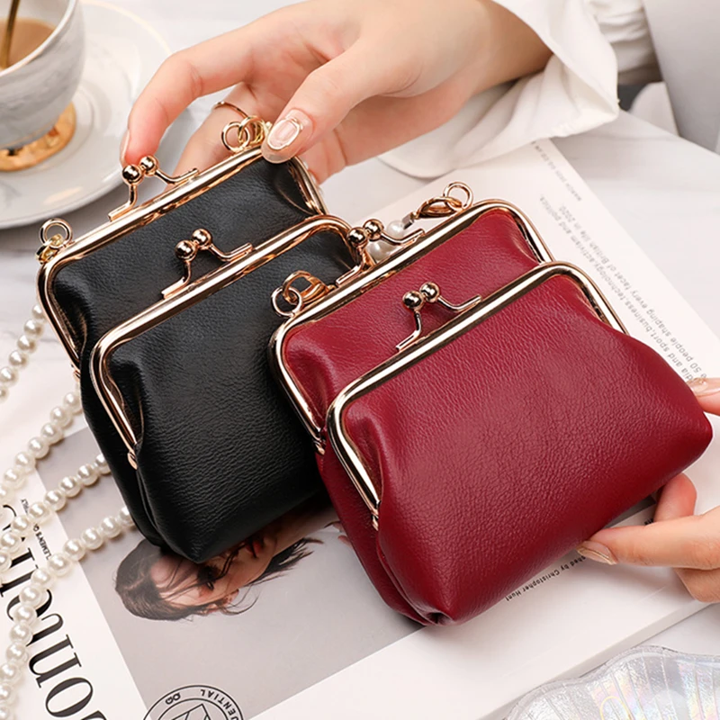 Elegant Women Coin Purses PU Leather Girls Wallet with Pearl Shoulder Strap Large Capacity Card Holder Student Money Bag