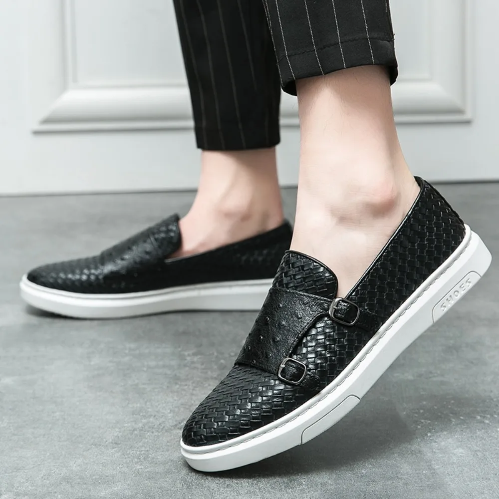 Men Casual Sneakers Black Brown Vulcanized Shoes Double Buckle Monk Men's Shoes Slip-On Breathable Size 38-46