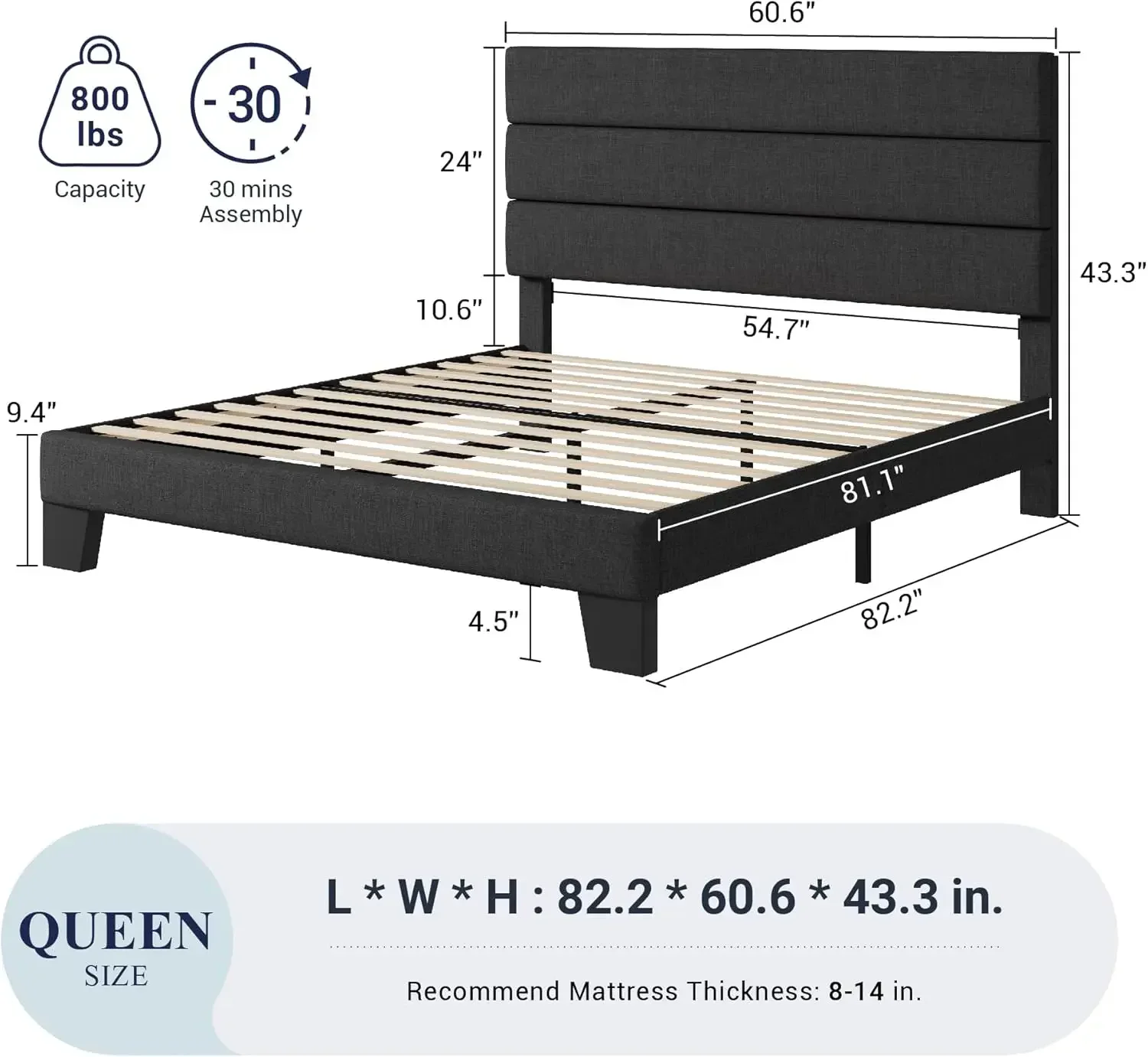 Bingkai tempat tidur Platform ukuran Queen dengan Headboard berlapis kain dan penyangga bilah kayu, Alas Bedak kasur berlapis kain penuh