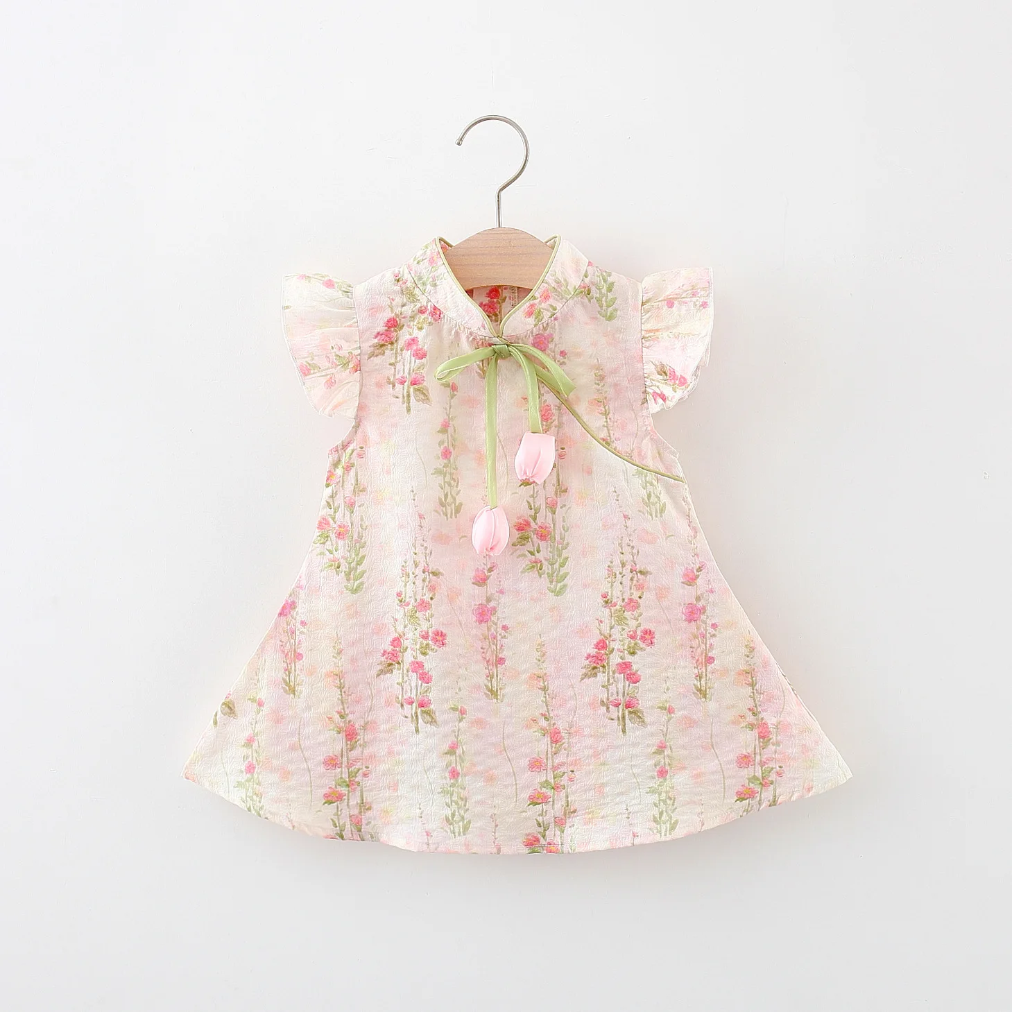 Summer Tulip Cheongsam Baby Girl Dress Cute Chinese Style Small Flying Sleeves Fragmented Embroidered Girl Dress