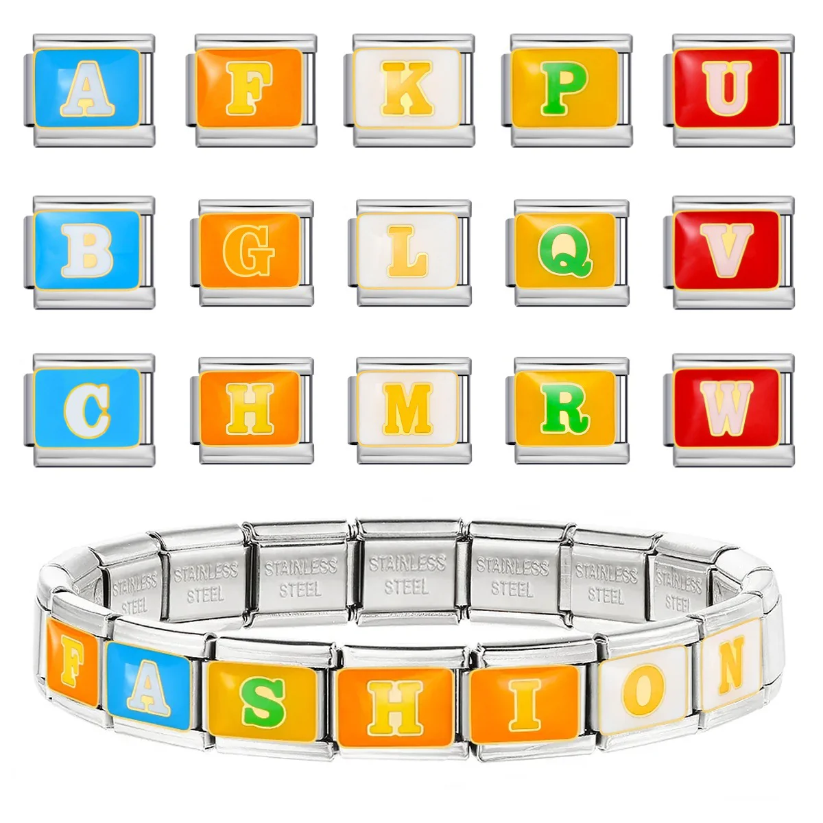2025 New Colorful Drip Oil 26 English Letter Italian Charm Bracelet Stainless Steel Welding DIY Elastic Splicing Fashion Jewelry