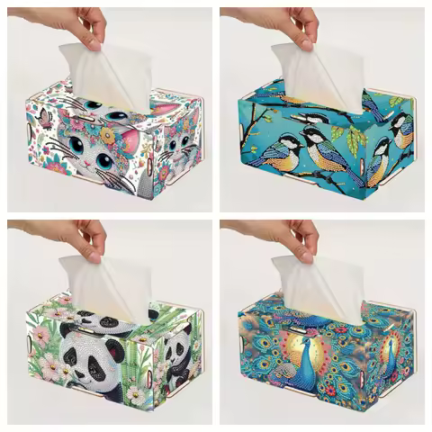1 DIY animal pattern round diamond painting set, painting and splicing 3D wooden tissue box