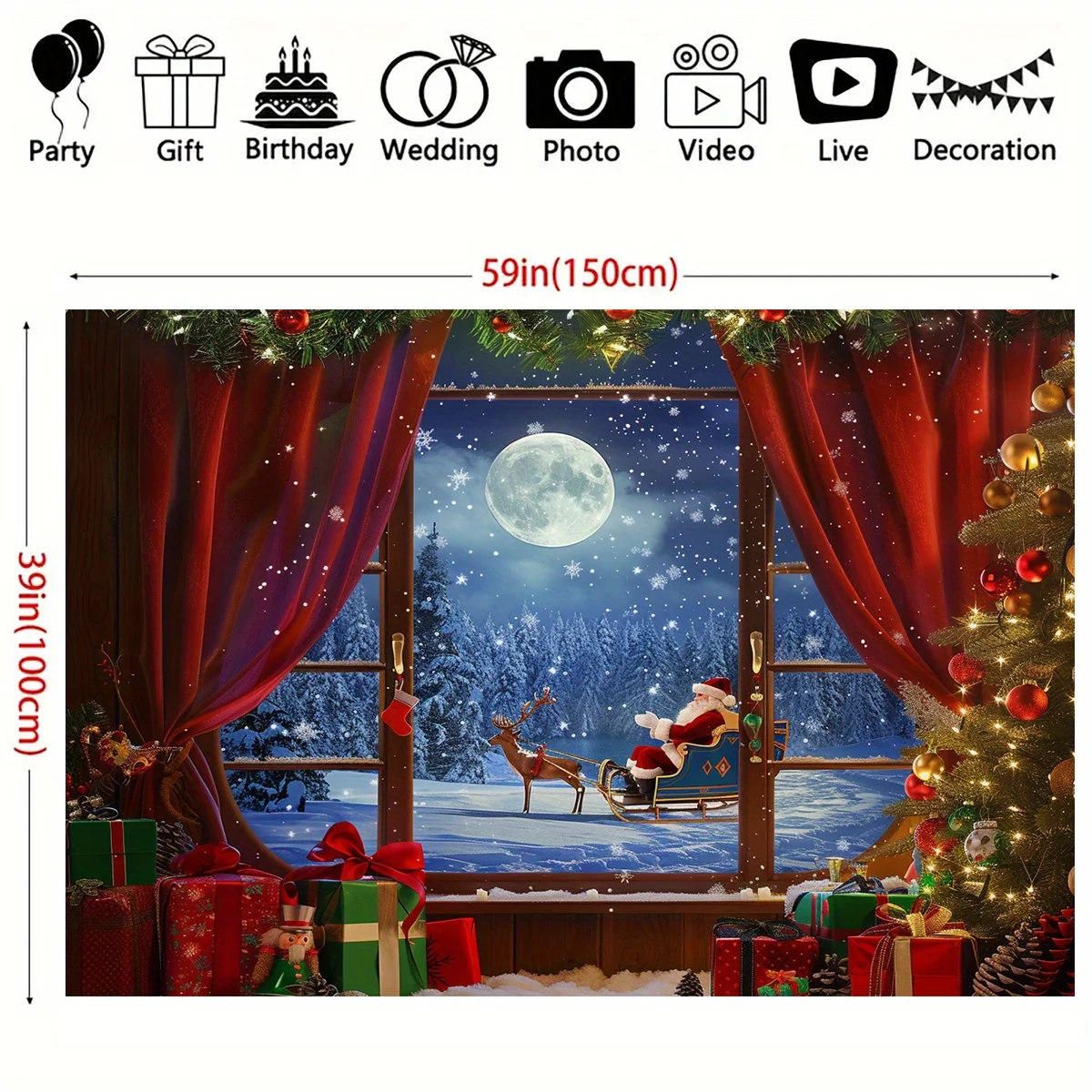 Christmas Wonderland Window Background Cloth - Santa Claus, Snowflakes, and Moon - Perfect for holiday parties and home decor