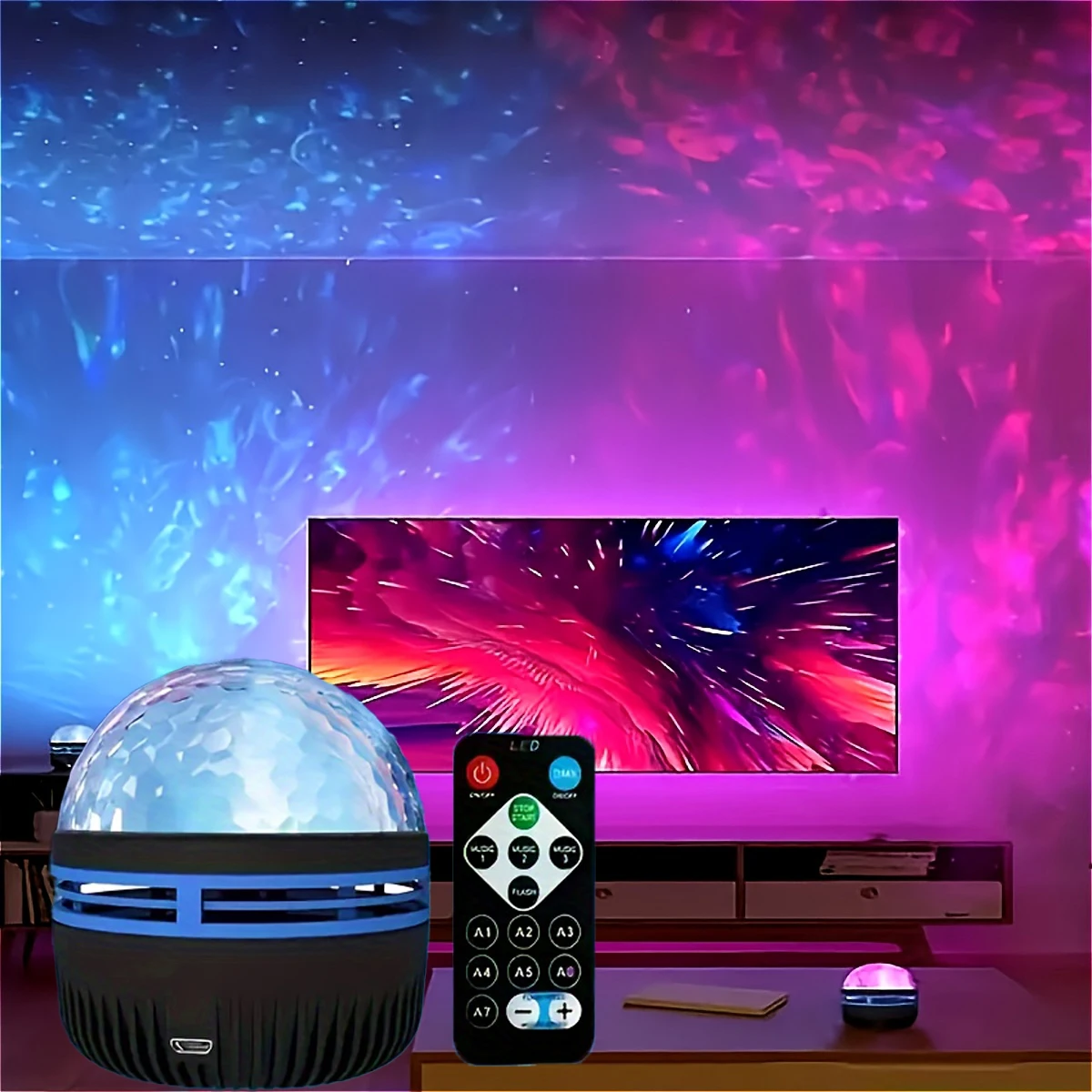 Galaxy Projector Christmas Home Room Decoration RGB Starry Lamp 7-Color Pattern LED Mini Star Light Remote Control Auto Rotating
