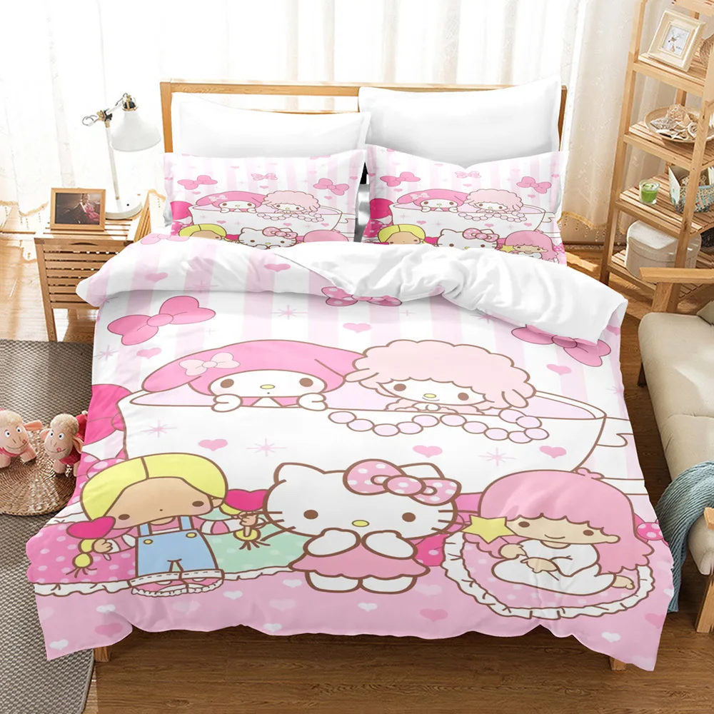 Cartoon Cute Hello Kitty Love Bedding Set Pillowcase Anime Bedclothes 3D Printed Quilt Cover Duvet Cover Baby Kids Child