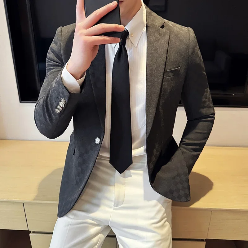 

Plus Size 5XL-M Luxury Checkered Slim Fit Business Blazers Mens 2024 Formal Single Button Fashion Social Party Suit Jacket