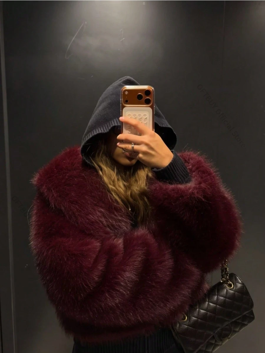 OFTBUY Fake Fur Coat Eco-friendly Winter Short Fur Jacket Fashion Shawl Collar Faux Fox Fur Coat Women Vintage Chic Overcoat