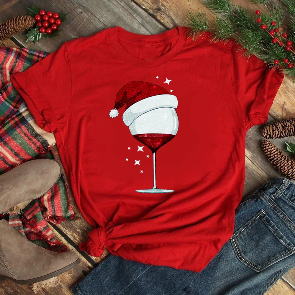 

New Kawaii Christmas Wine Glass Print T Shirt New Year Women Tops Cartoon Shirt Female Holiday Santa Claus Graphic Tee T-shirt