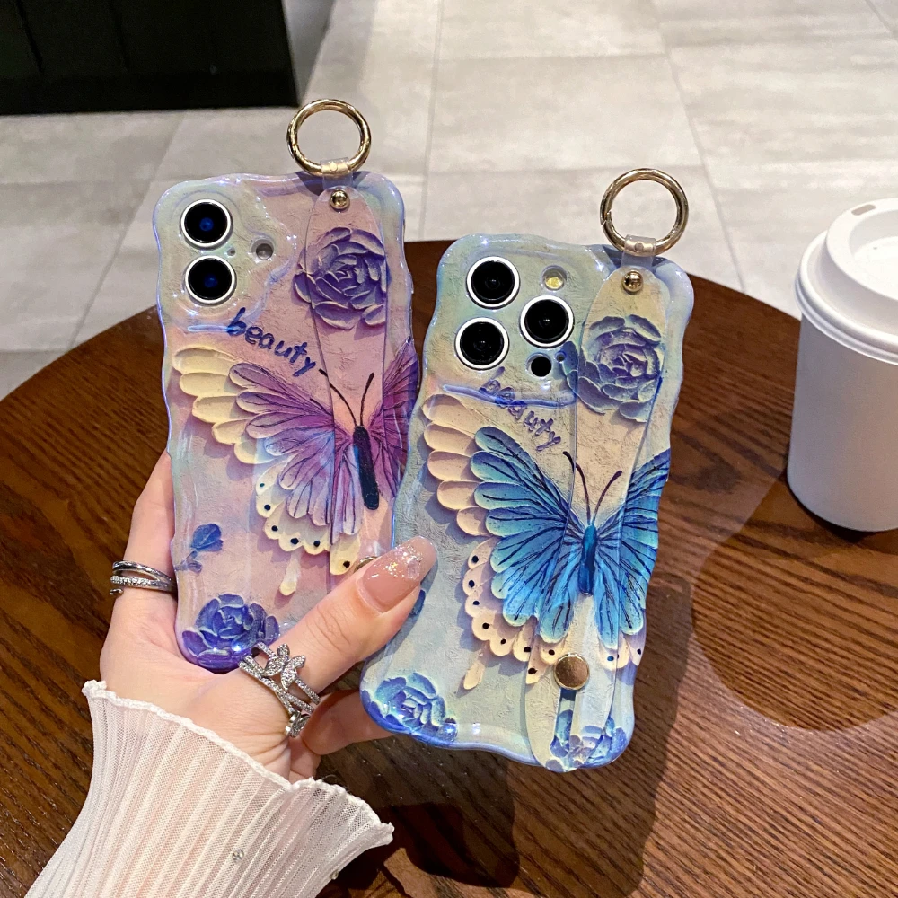 Luxury Laser Painting Bluterfly Wrist Strap Phone Case For Iphone 11 12 13 14 15 Pro Max 16 Plus Shockproof Hand Band Soft Cover