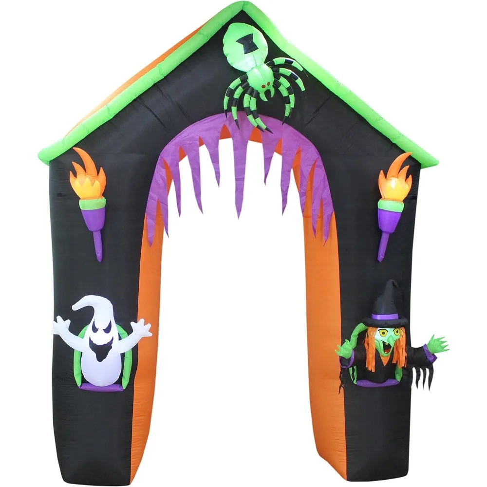 

9 Foot Tall LED Lighted Halloween Inflatable Castle Haunted House Archway with Ghost Witch Spider Lights Blowup Party Decoration