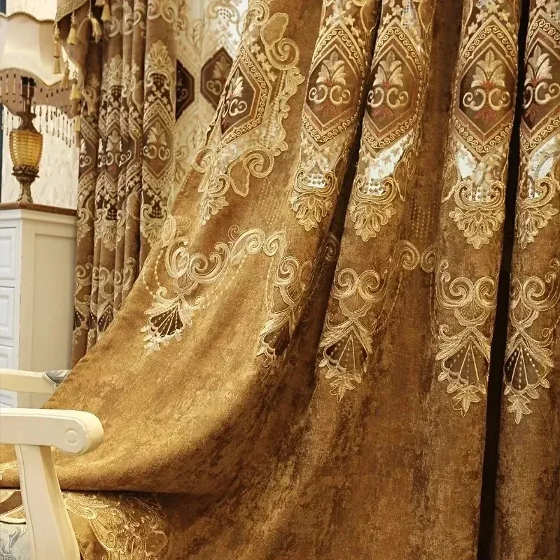 

European-style Luxury Curtains for Living Room Bedroom Dining Room Balcony Custom Blackout Brown Valance Decor White Tulle