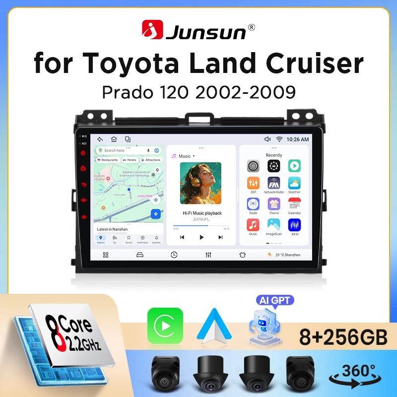 Autoradio Junsun sans fil CarPlay Android Auto pour Toyota Land Cruiser Prado (J120) 2002-2009 avec ventilateur de refroidissement intégré, navigation GPS Android, lecteur multimédia, WiFi, DSP, RDS,