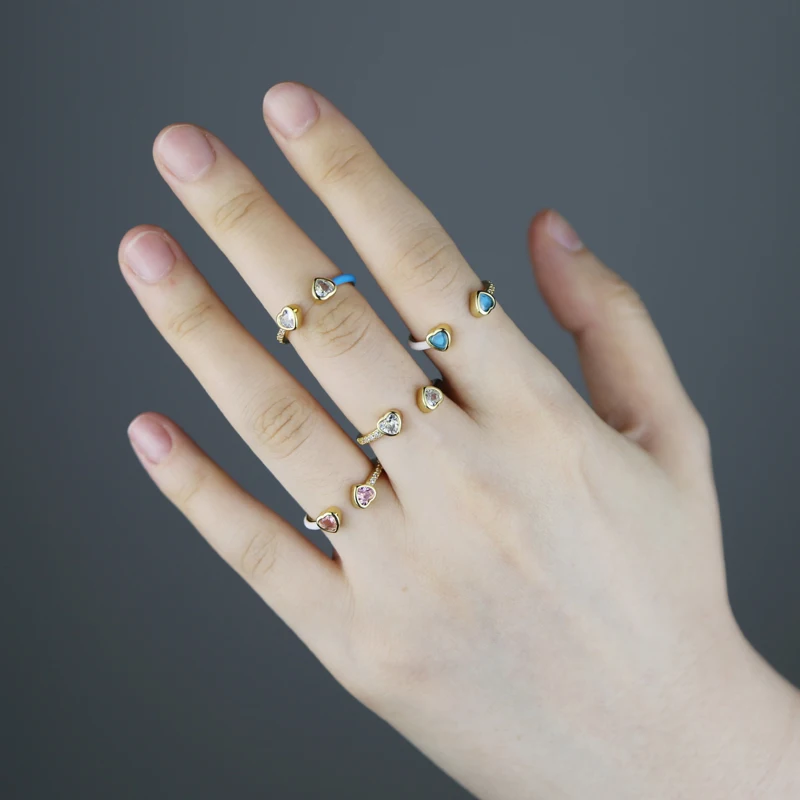 Geometric Heart CZ Open Rings for Women 5A Cubic Zirconia Colored Enamel Ring Adjustable Gold Color Fashion Jewelry Anillos