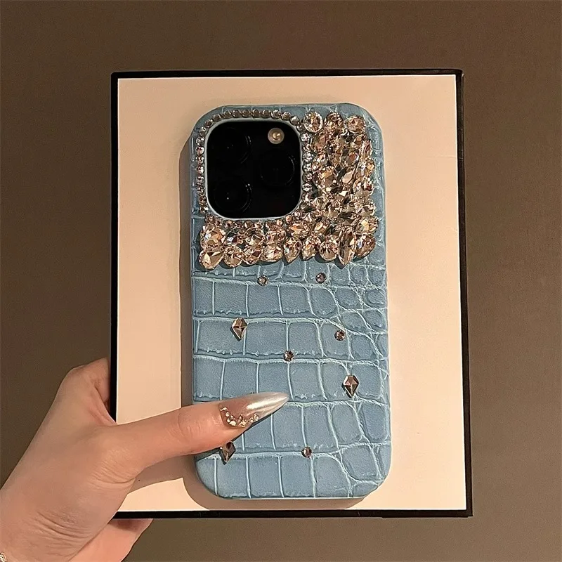 

Bling Siliver Diamond Camera Protection Case For Iphone 16 11 12 13 14 15 Pro Max Plus Luxury Crocodile Leather Cover Fundas