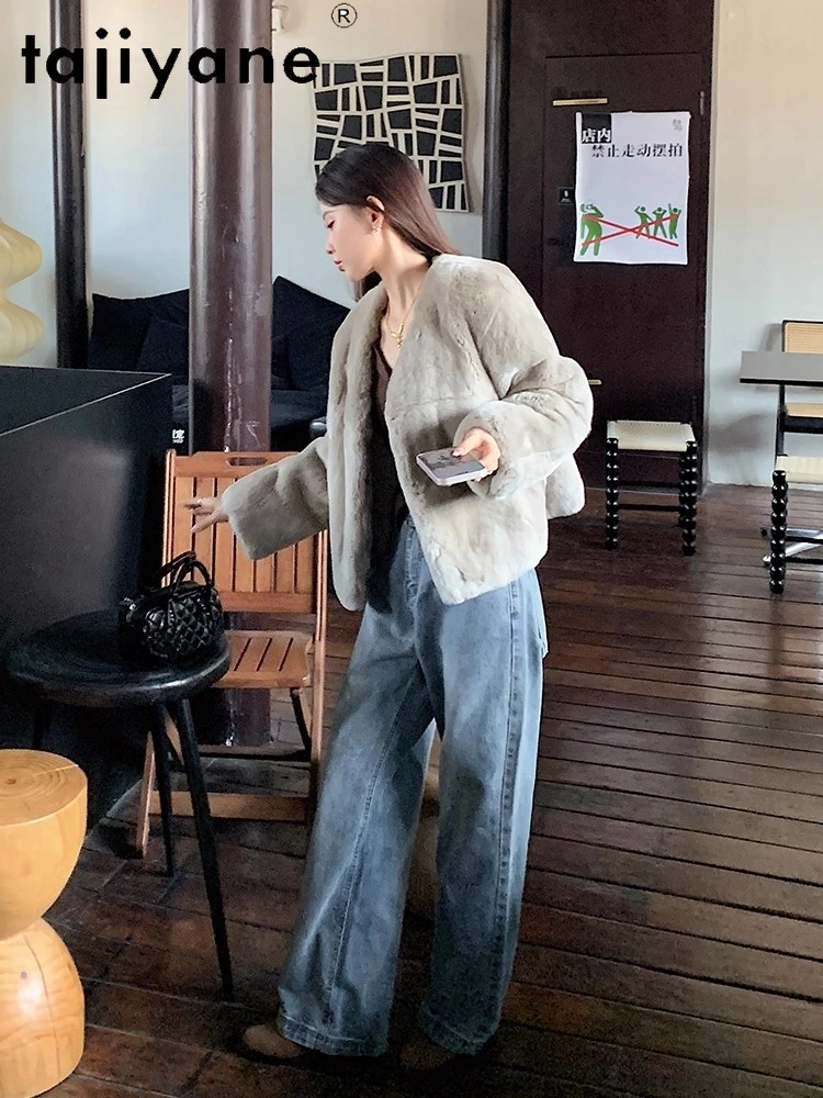 معطف من فراء الأرانب الطبيعي من TAJIYANE أنيق برقبة على شكل حرف v ملابس نسائية سترة فاخرة 2025 ملابس شتوية مميزةюхоvikк ЖыыыыыыыыёмÑ