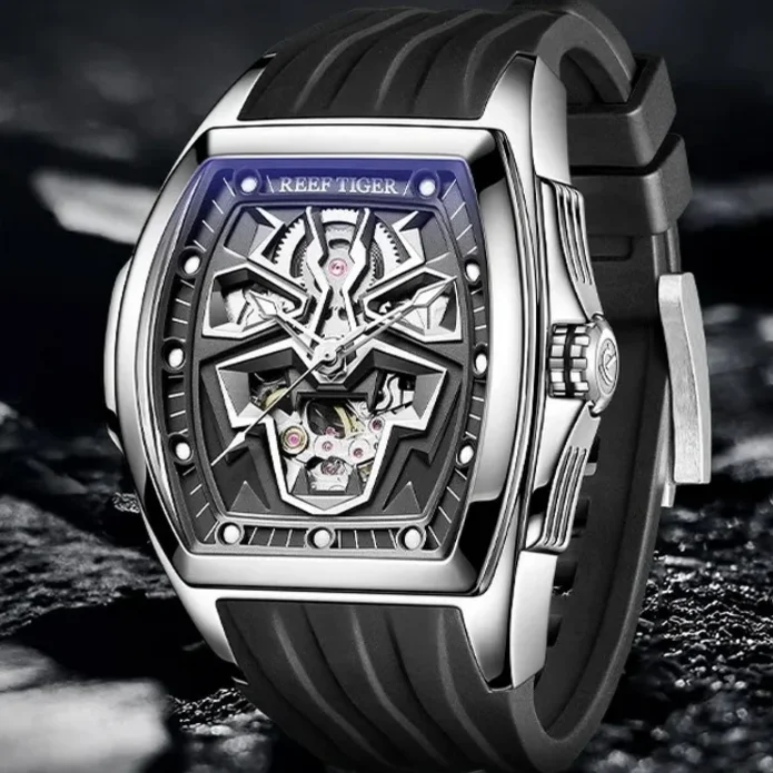 Reef Tiger Men Automatic Watch 42.3mm Tonneau Mechanical Wristwatch Luminous Black Skeleton Cheetah Dial Sapphire Mirror