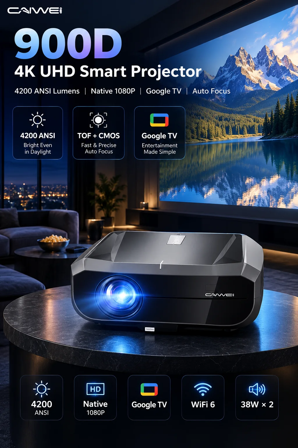 900D 4200ANSI 4K Projektor Native 1080P Google TV WiFi6 TOF Autofokus für Filme, Nachtspiele, Smart Home Theater Projektor 2026 – Detail 3