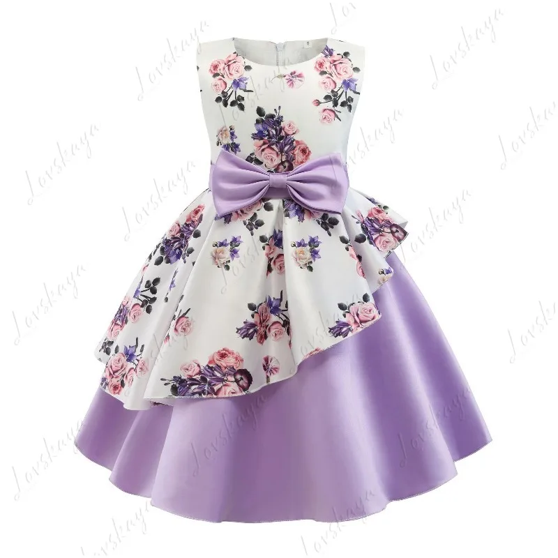 

New Style Girls' Dress with Irregular Skirt Hem, Printed Children's Formal Dress, Bow Tie Performance Outfit, Halloween Costume