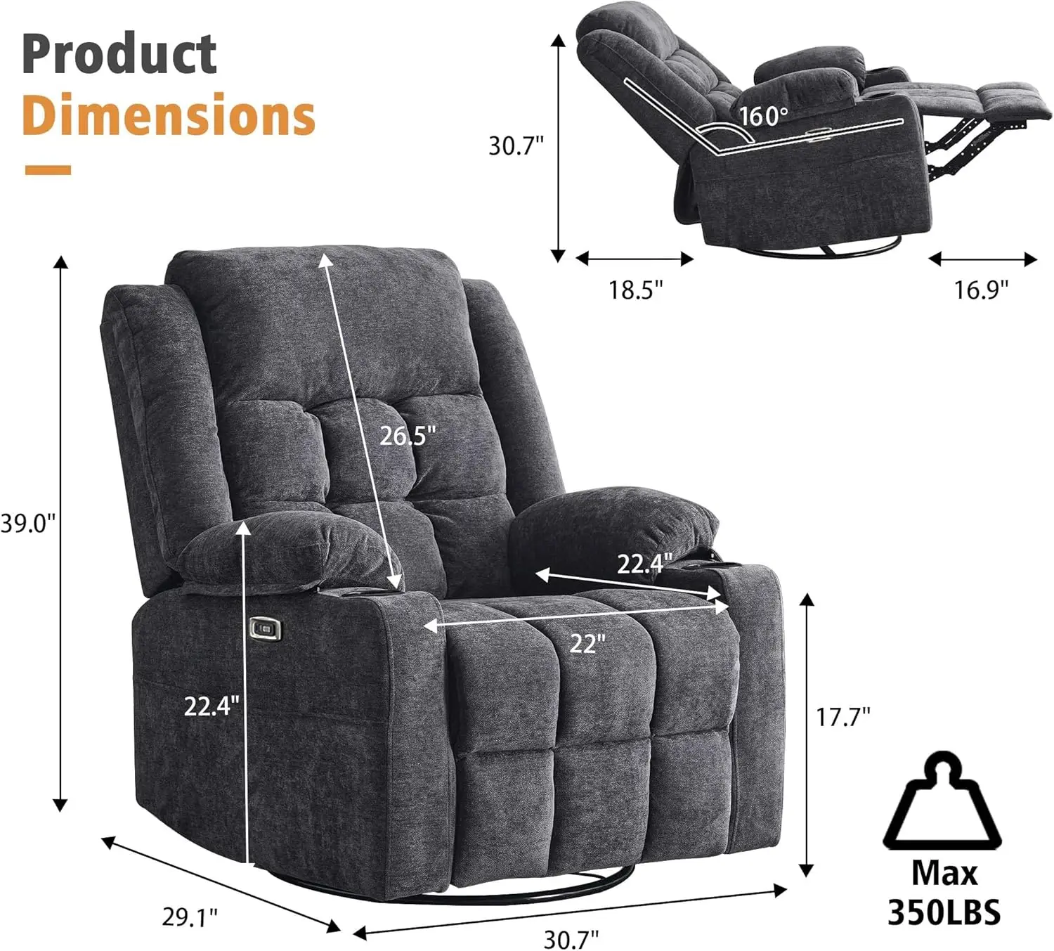 Power Swivel Rocker Recliner Chair for Adults with Massage and Heat USB and Type-C Ports Infinite Position Dark Grey