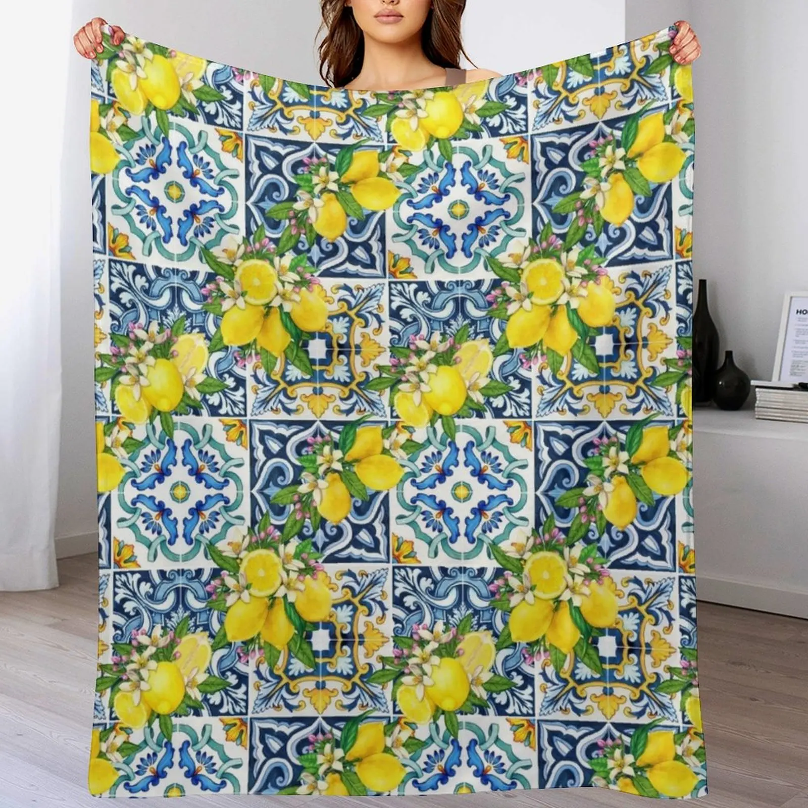 

Bright Mediterranean Sicilian Tiles with Citrus Lemons Throw Blanket