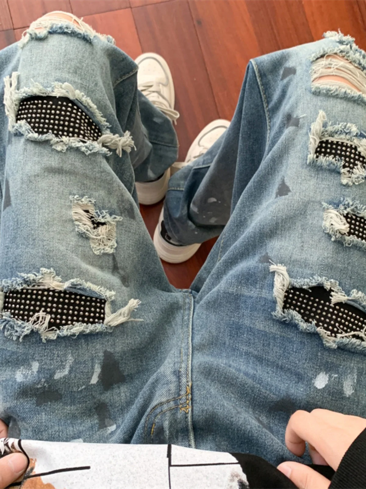 Calças Jeans Slim Straight Unissex Estilo High Street com Efeito Desgastado e Strass de Diamante, Cintura Alta, Moda Outono