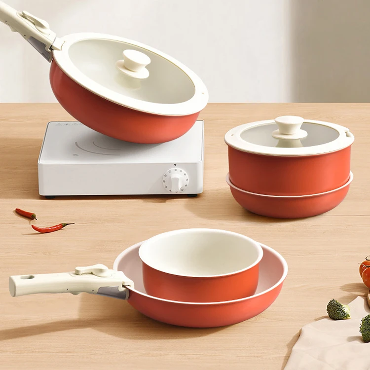 

Wholesale Luxury Kitchenwares Pans 5 Pieces Non-stick Aluminium Kitchen Cooking Pot Detachable Handle Cookware Sets