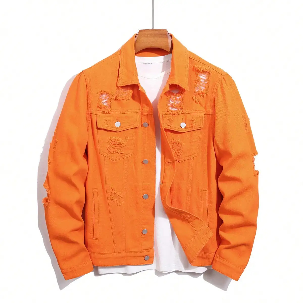 Men Ripped Distressed Denim Jacket Back Graffiti Letter Print Trucker Coat Frayed Hole Hip Hop Streetwear Casual Outerwear