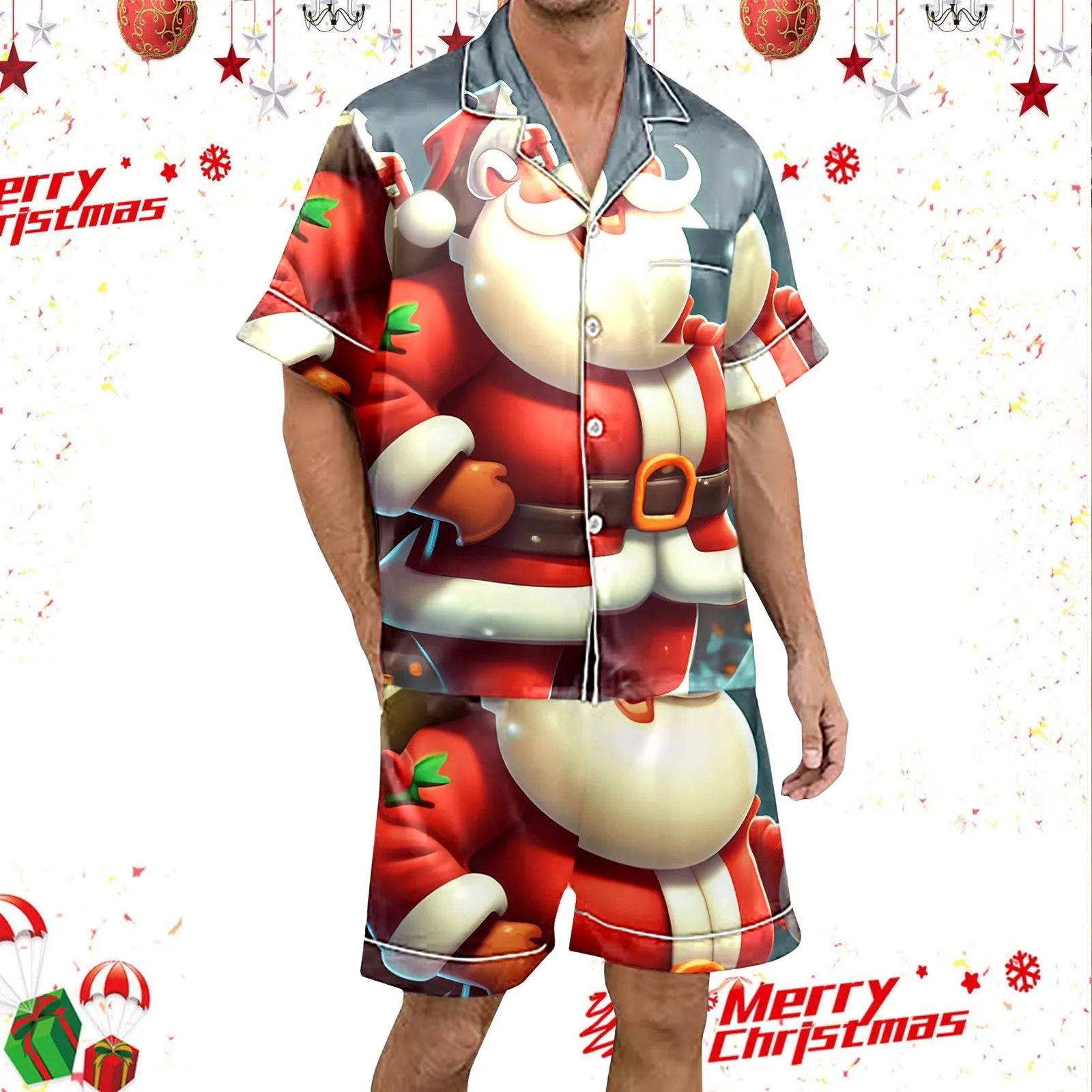 Christmas Men\'S Pajama Set Short Sleeve & Shorts Santa Gradient Print Pajama Sets For Men 2 Piece Plus Size пижама женская