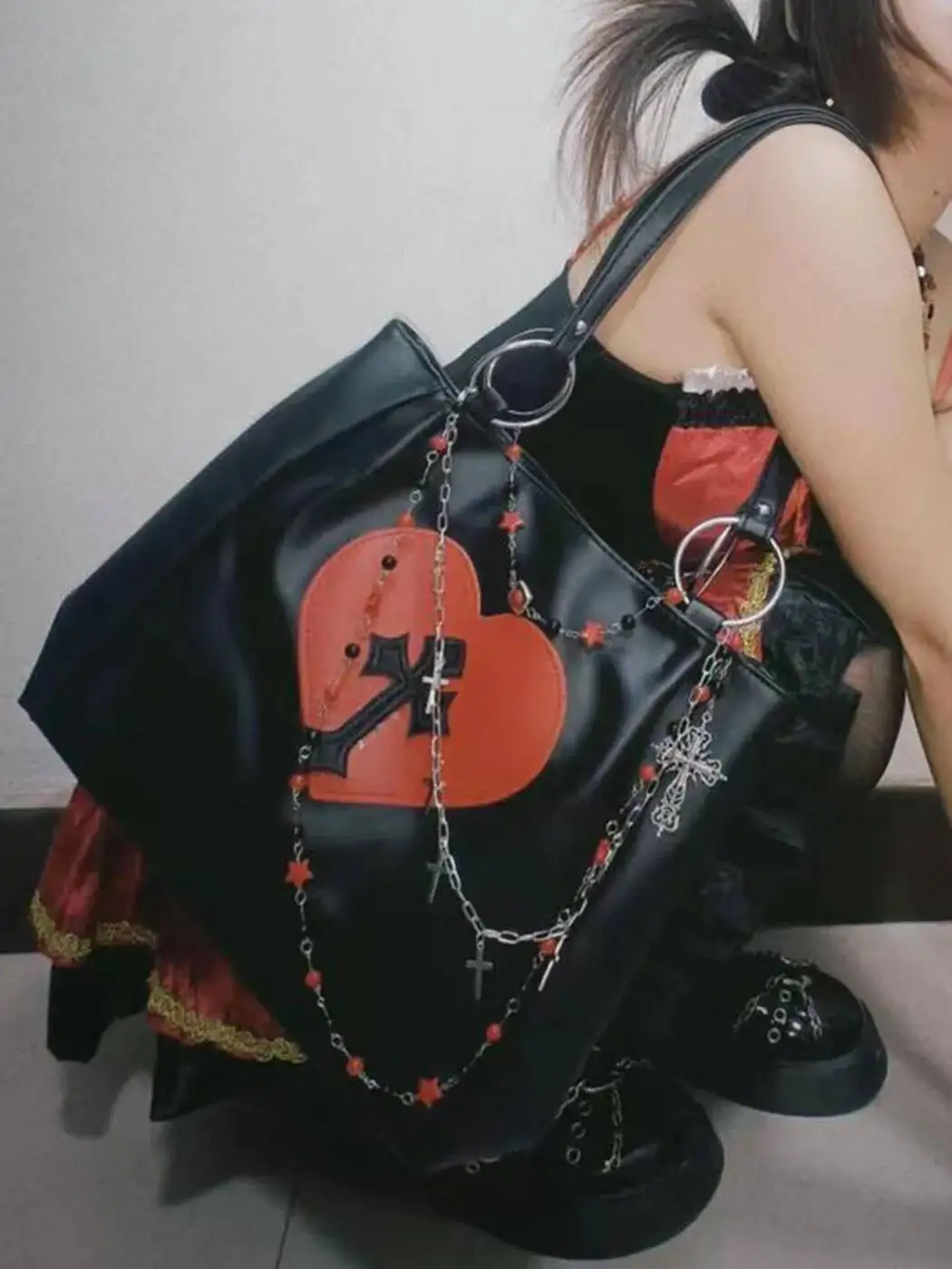 Bloom Y2k Grunge The Tote Women Gothic Cross Pu Leather Chain Large Capacity Handbags Ladies Vintage Black Shoulder Bag