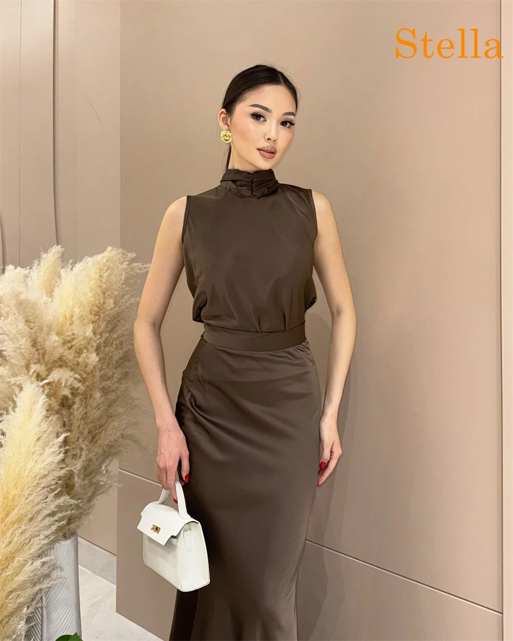 Robe De Noche en Satin marron, personnalisée, exquise, classique, décolleté haut, sans manches, robes De soirée, mode fête, Go