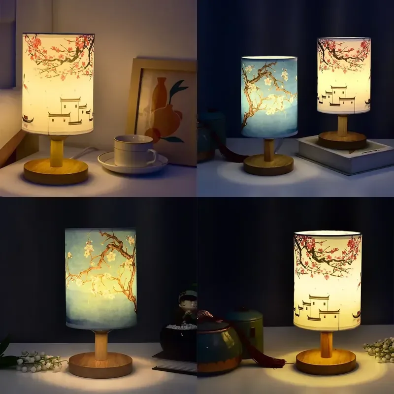 LED Table Lamps Decoration Plum Blossom Desk Dimmable EU Plug Night Light Chinese Style Fabric Simple Bedroom Bedside Lights