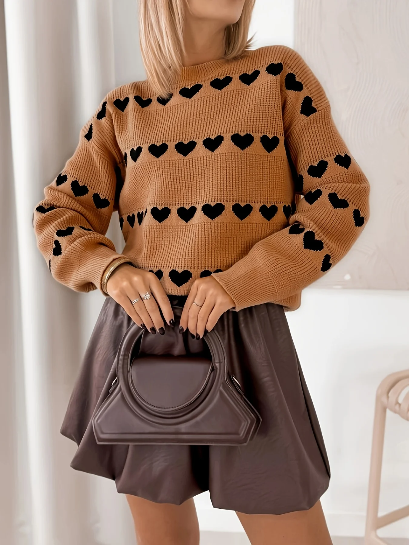 

Элегантный вязаный пуловер с круглым вырезом и жаккардовым узором в форме сердца, весенне-осенний женский повседневный вязаный топ