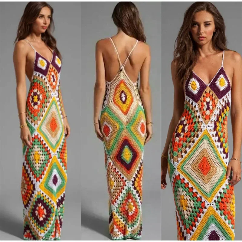 Ximina Hippie Boho Print Dresses For Women 2023 Vintage Plaid Contrast Color Sleeveless Maxi Dress Ladies Holiday Streetwear