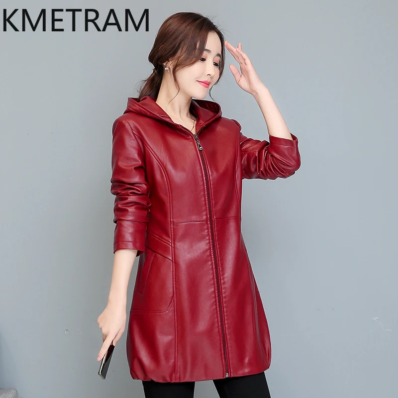 KMETRAM-Chaqueta de piel de oveja auténtica para mujer, abrigo largo medio con capucha, ajustado, coreano, Primavera, 2024