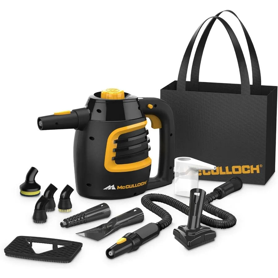 

Ручной пароочиститель MC1230 с 10-минутным временем работы и 11 практичными аксессуарами, включая струйную насадку и щетку, идеально подходит для де