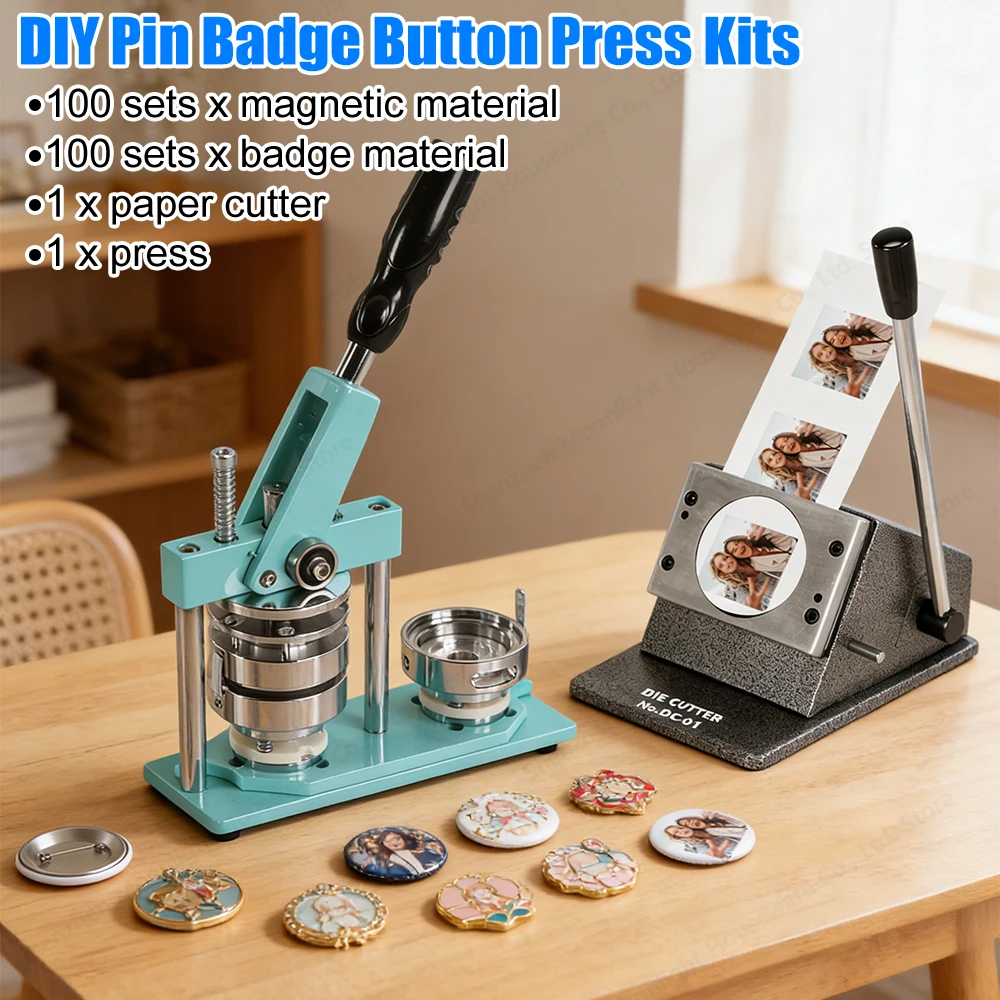 

2.28x2.28in Round Fridge DIY Photo Magnet Badge Maker Kit with Paper Cutter 100pcs Material for Home School Business Use