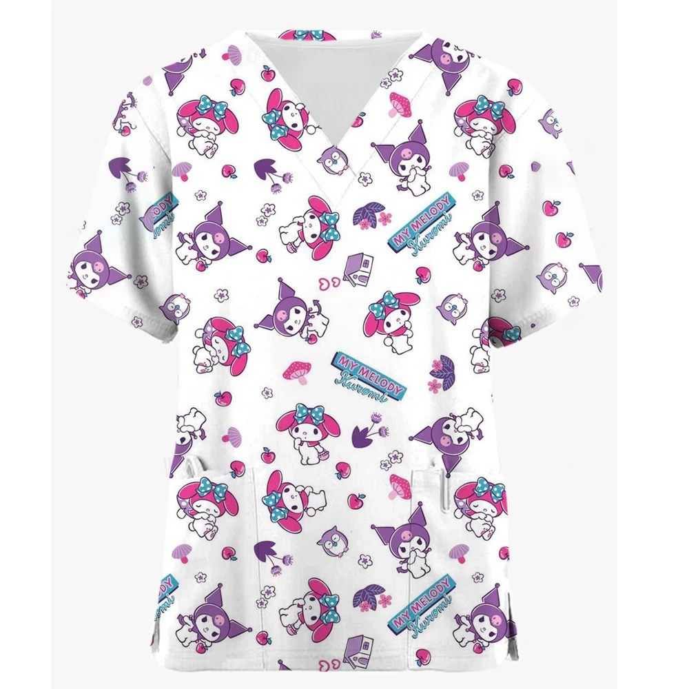 Medical Blouse Clinic Hospital Workwear Healthcare Nurse Coulomi Hello Kitty Print Uniform Carer Working Short Sleeve Tops Women