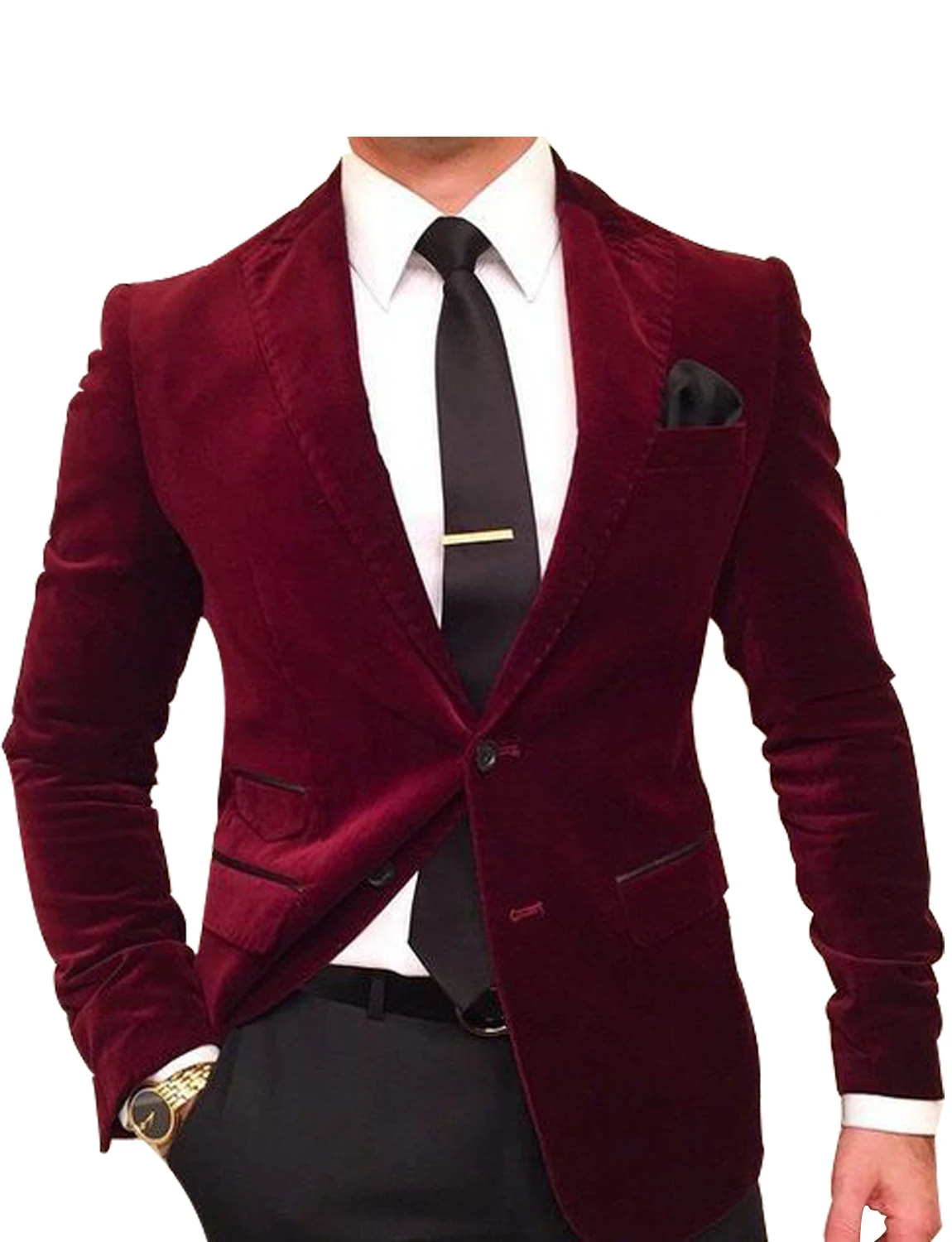 Men\'s Burgundy Velvet Blazer Two Buttons Peak Lapel Coat Business Dinner Prom Jacket Only One Coat