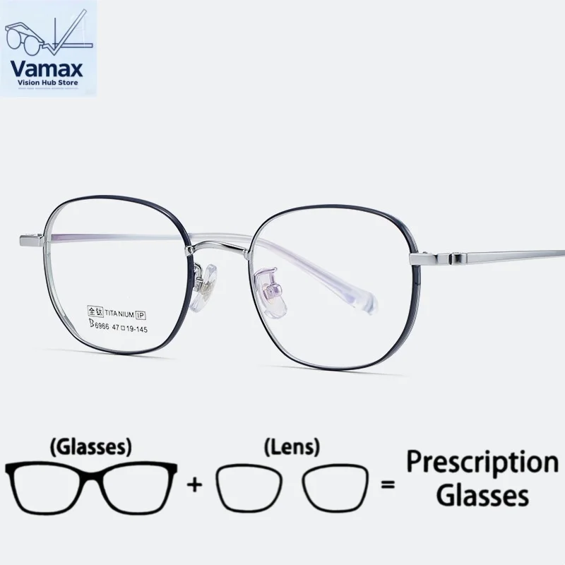 

VAMAX Women's Pure Titanium Small Geometric Glasses Frame High Prescription Lightweight Two-Tone