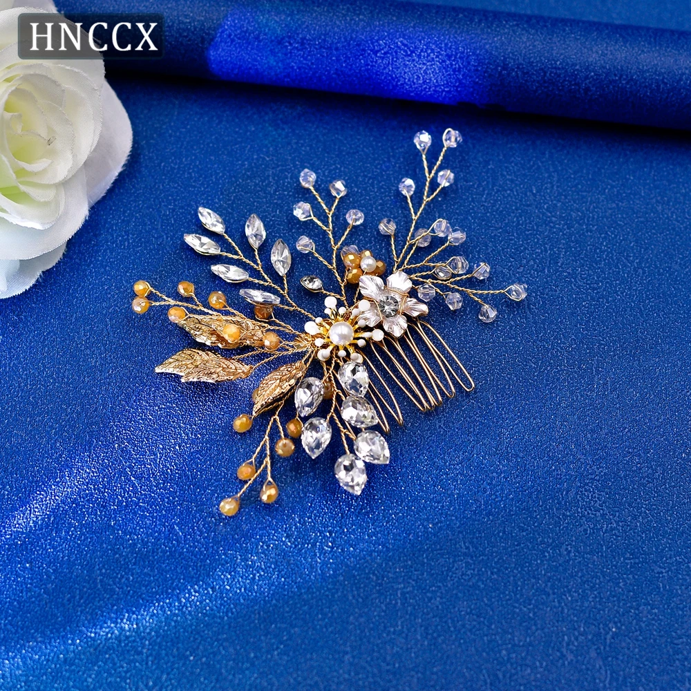 HNCCX Handmade Bridal Hair Comb Bride Rhinestone Accessories Hair Clips Gold  Alloy Flower Headwear Headpieces For Party CP67