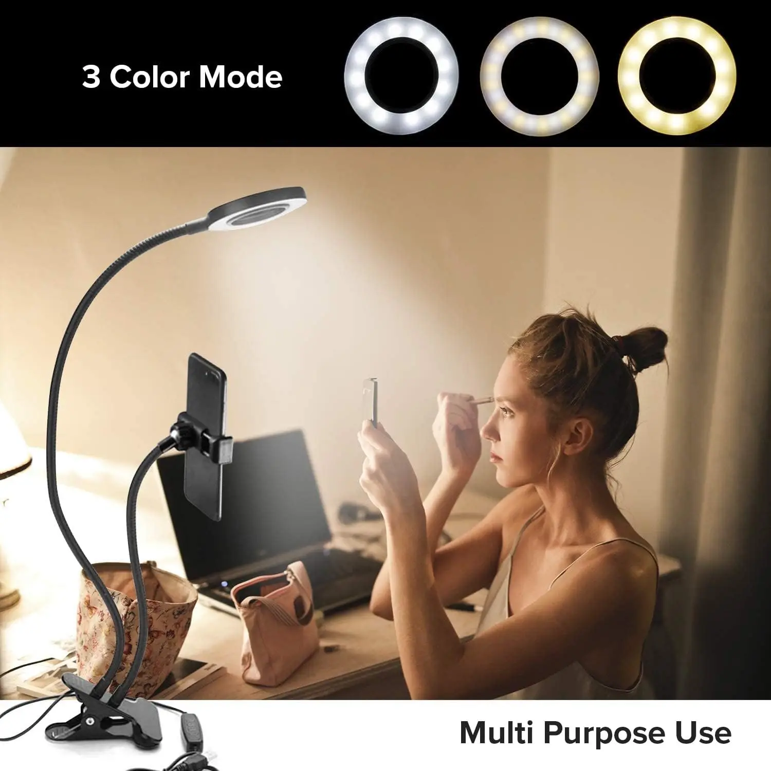 Clip on LED Reading Light Kids Desk Lamp Flexible Gooseneck with Phone Holder Lazy Selfie Ring Light LED Makeup Mirror Lights