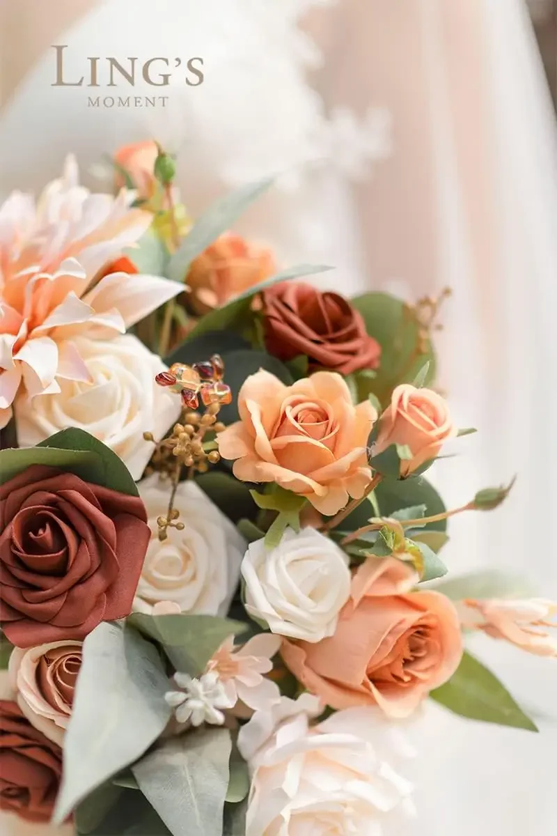 Buquê de noiva de terracota em cascata, buquês de casamento laranja, buquês de noiva de 13 polegadas para buquês de flores artificiais de casamento