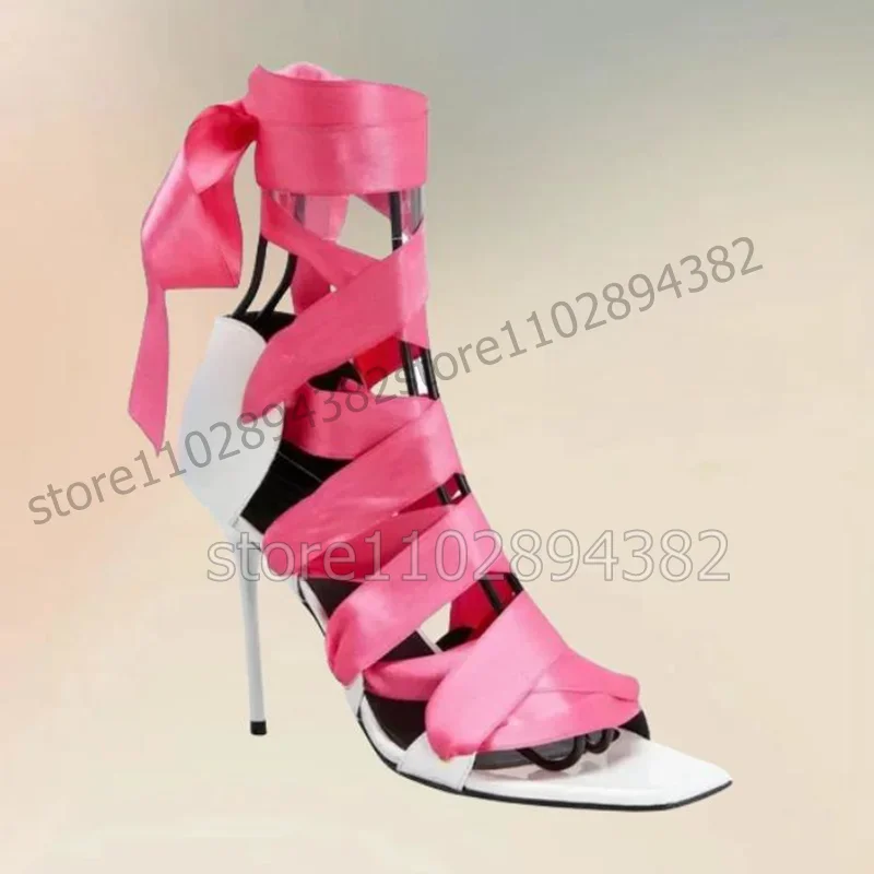 

Rose Red Silk Cross Tied Open Toe Twine Sandals Lace Up Women Shoes Thin High Heels Novel Fashion Party 2025 Zapatos Para Mujere